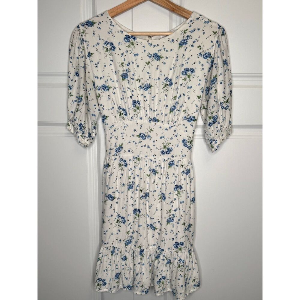 Faithfull The Brand Blue Floral Mini Dress Puff Sleeve Tie Back Cottagecore
